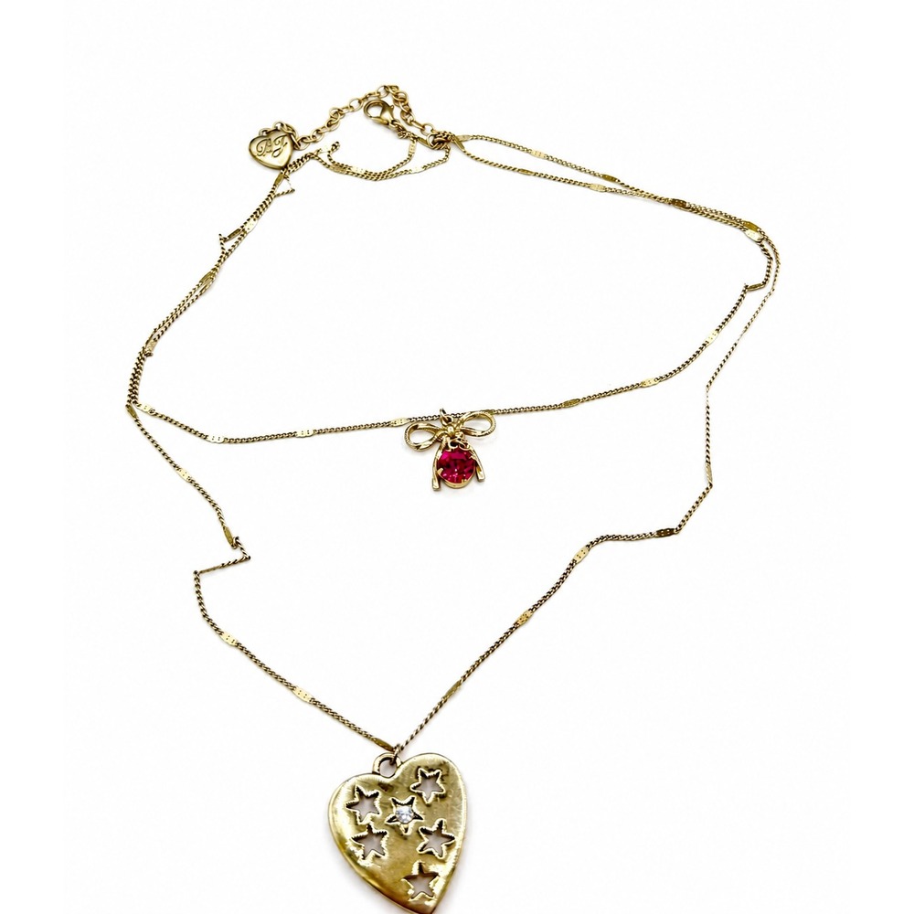 Vintage Betsey Johnson Whimsical Layered Necklace Pink Rhinestone Bow Star Heart